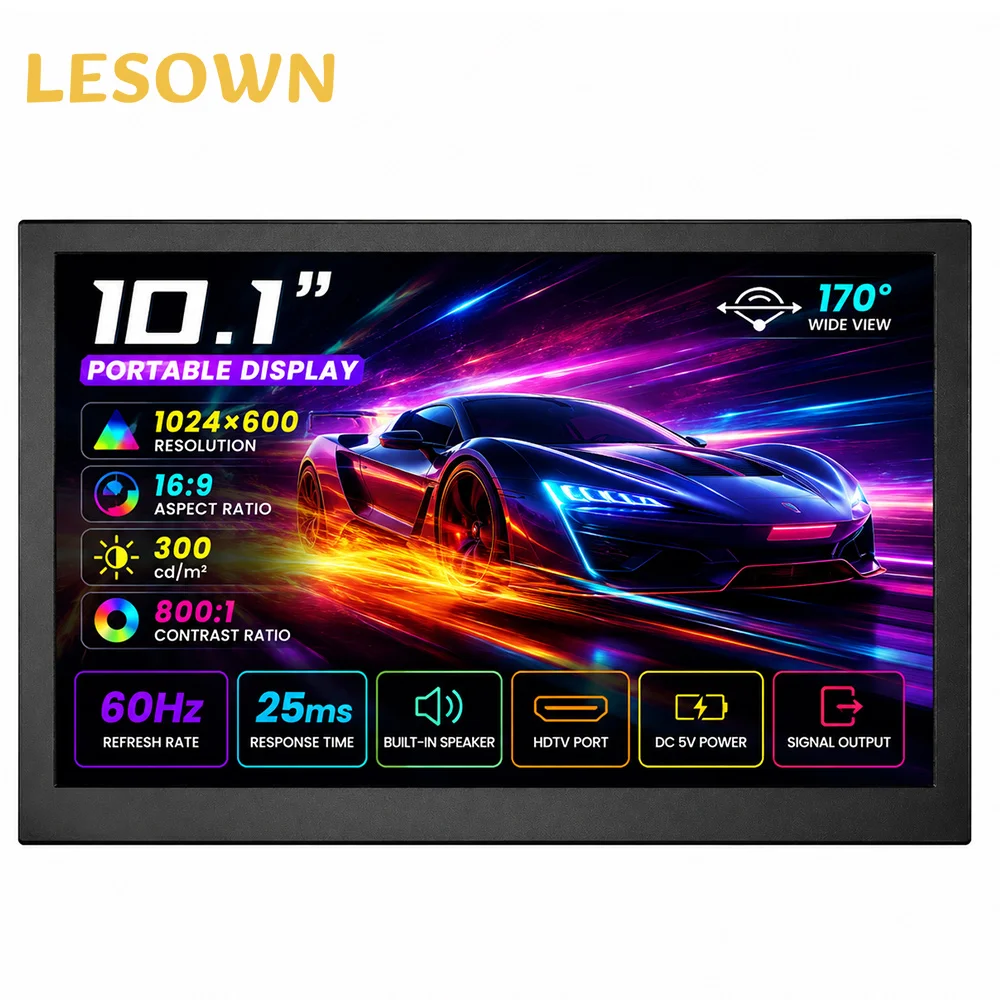 LESOWN 10.1 Inch VESA Mount Sub-screen 1024x600 Aluminium Black HDTV Driver-free DIY Project Display 16:9     Touch/No Touch