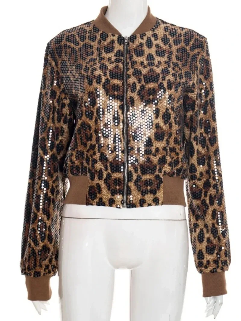 معاطف نسائية مطرزة بالترتر لخريف 2025 بياقة واقفة وسحّاب ملابس خارجية لامعة ملابس خروج نسائية بأكمام طويلة بطبعة الفهد سترة علوية #5