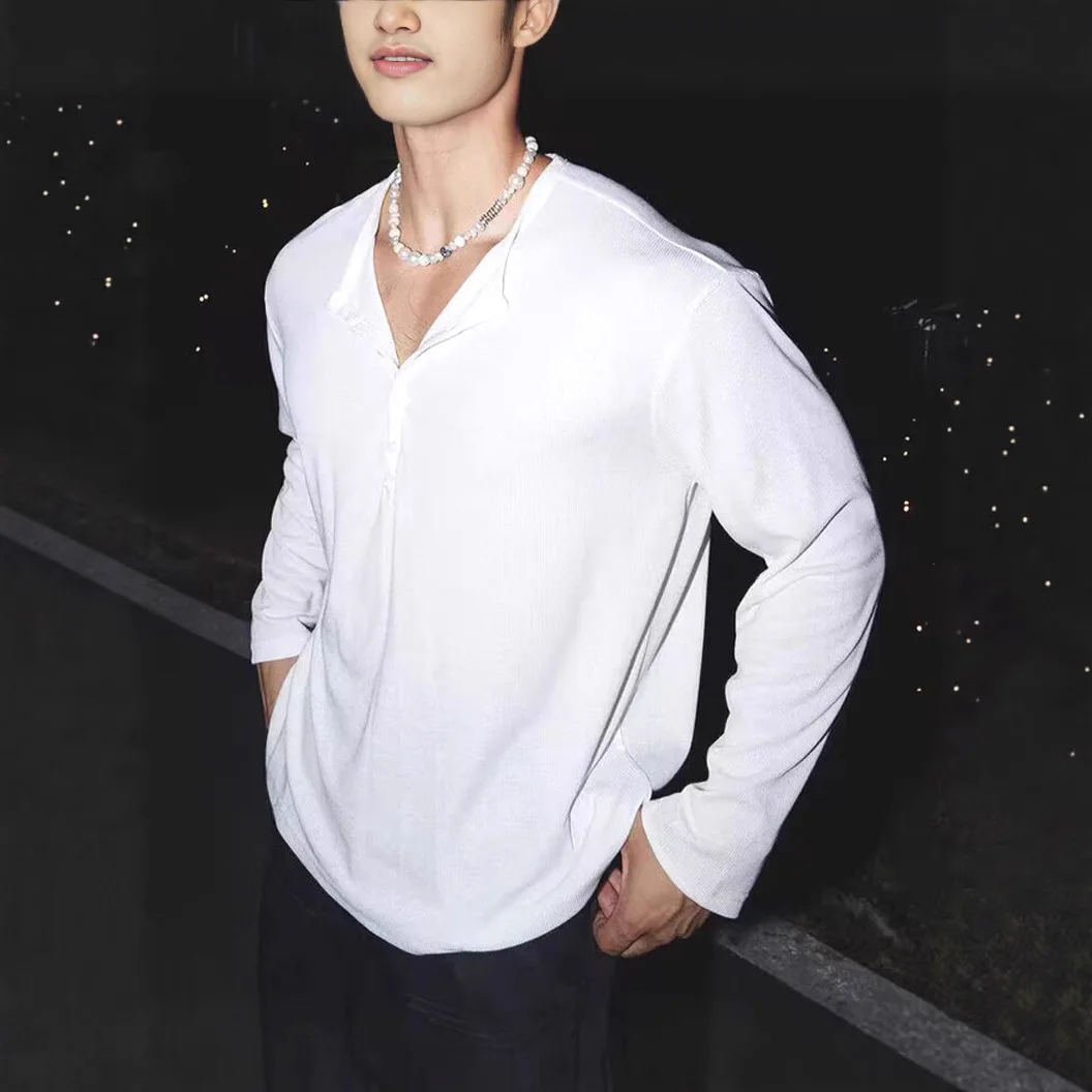 

2026 New Men's Lazy Style Half Button Cardigan Loose Long Sleeve Henley Neck U Neck Base T Shirt