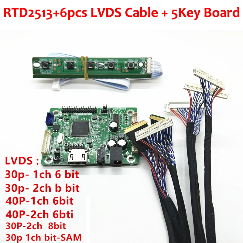 

RTD2513V1.0 mini LCD driver board HDMI to LVDS jump cap program +6pcs lvds cable kit 30P 40P 1/2CH 6/8 BIT with Audio