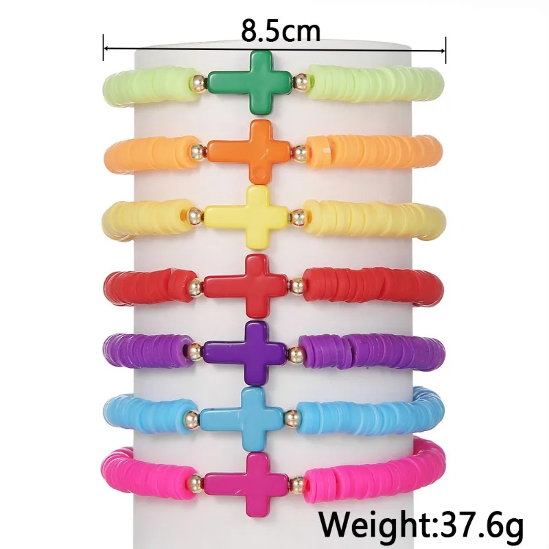 7pcs/set Bohemian Colored Polymer Clay Cross Bracelets for Women New Summer Fashion Simple Handmade Friendship Bracelet Gift