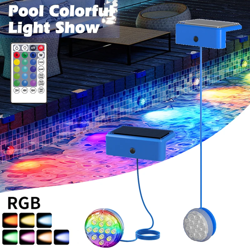 

Солнечные RGB подводные фонари для бассейна, IP68, водонепроницаемое освещение, дистанционное управление, уровень яркости, таймер для освещения бассейна с прудом