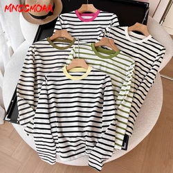 T Shirt Women 2024 Autumn Fashion Loose Round Collar Stripes Basic Model Tops Female Casual Long Sleeves Tee