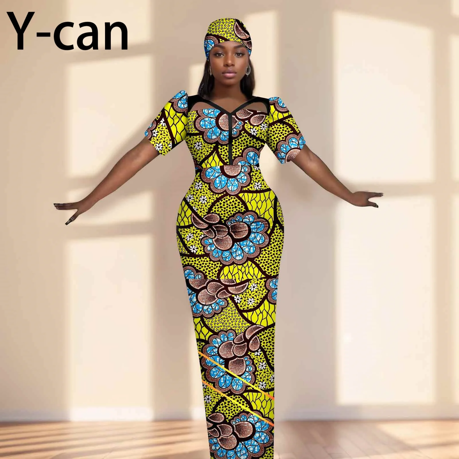 Party Gown African Dresses for Women Slim Fit Short Sleeve Dress Evening Vestidos with Headwrap Dashiki Ankara Print 2525071
