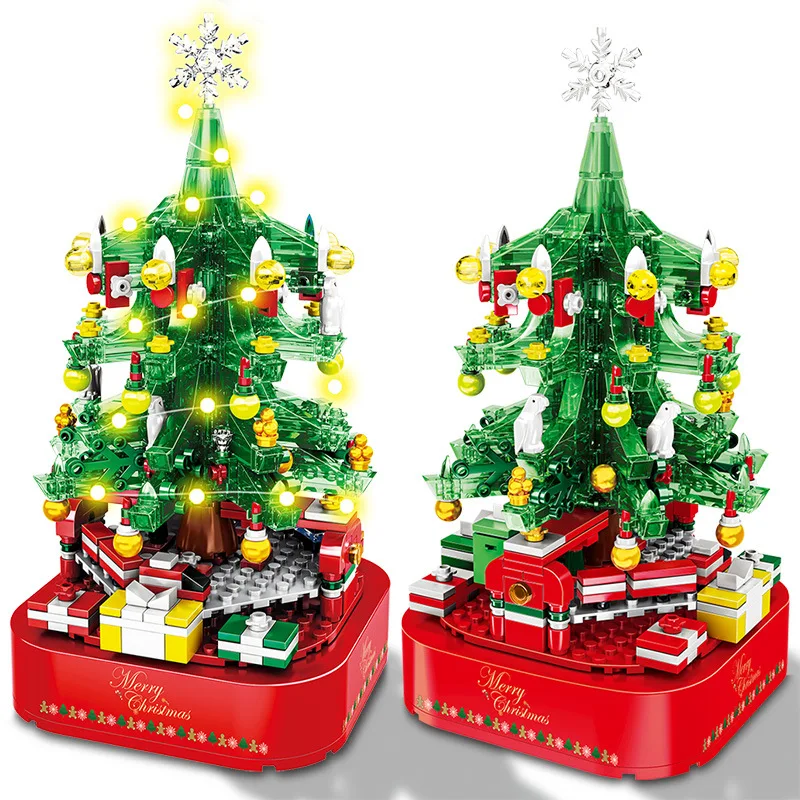 Rotating Christmas Tree Music Box Assembled Building Blocks LED Light Merry Xmas Bricks Gift for Children Kid Girl Boys