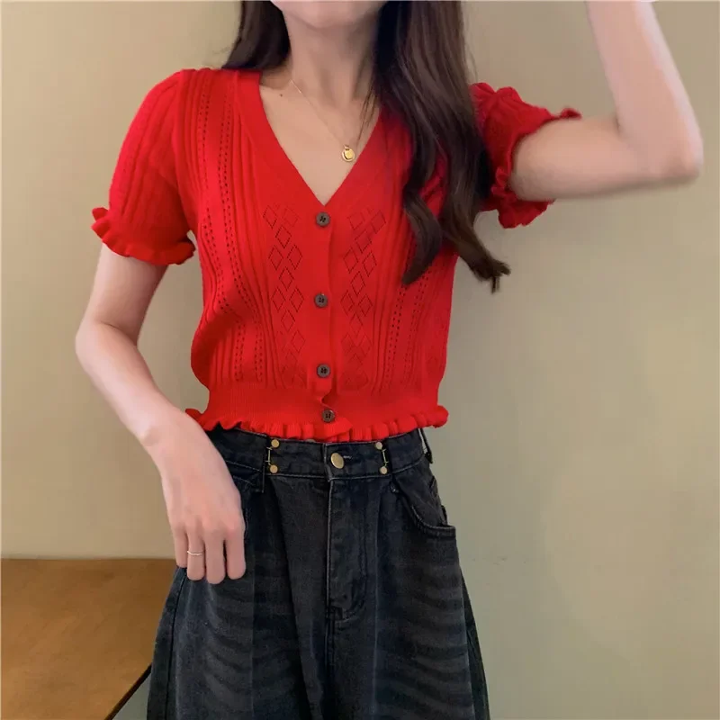 Hollow Out T-shirts Women Knit Sweet Crop Tops Button-Up Vintage V-neck Korean Fashion Teens Harajuku 8-colors Y2k Summer Casual