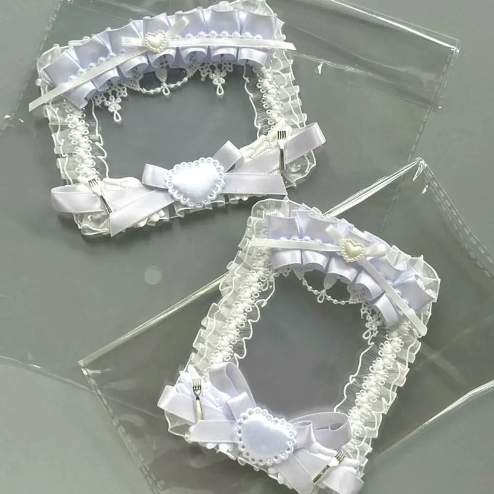 Lace Ruffles Photocard Holder Faux Pearl Satin Ribbon Decorative Card Holder Clear Sleeve Heart Decoration