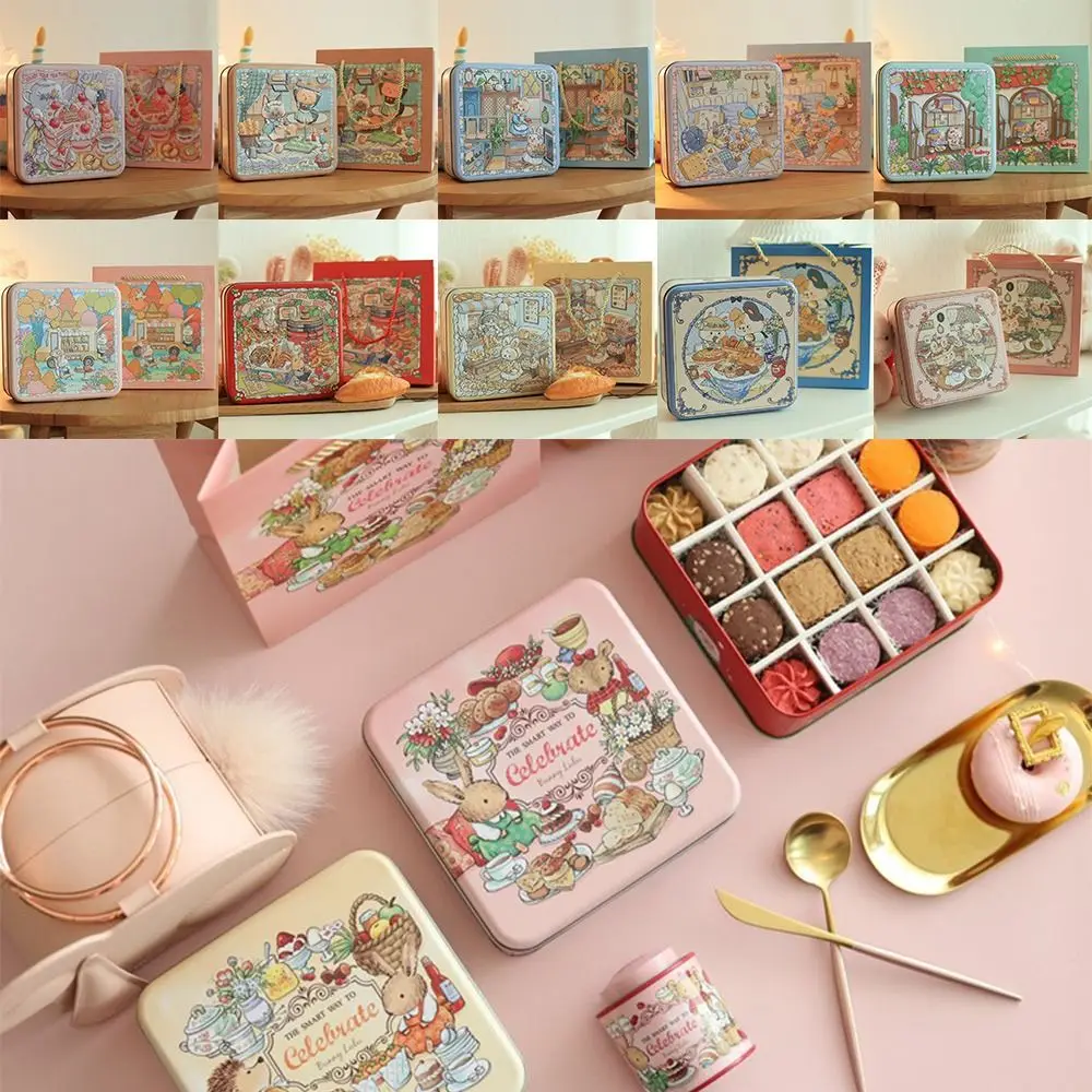 Durable Cartoon Rabbit Iron Box Multicolor Square Cake Packaging Box with Lid 17*17*6cm Cookie Tin Money Contain