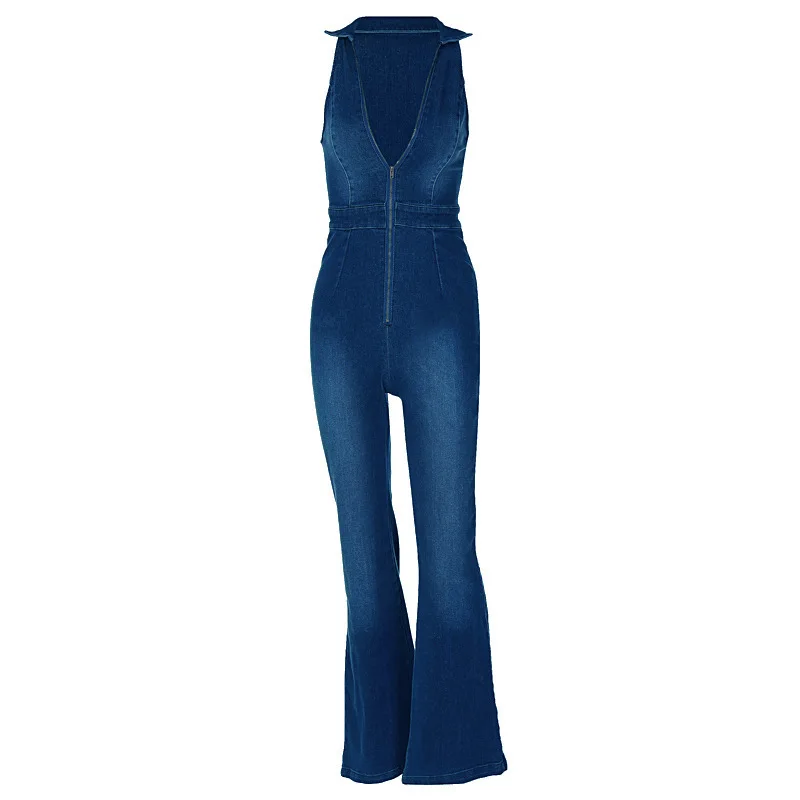 Elegant Women Vintage Jumpsuit Chic Denim Zipper V Neck Halter Sleeveless High Waist Wide Legs Bodycon Summer Jumpsuits