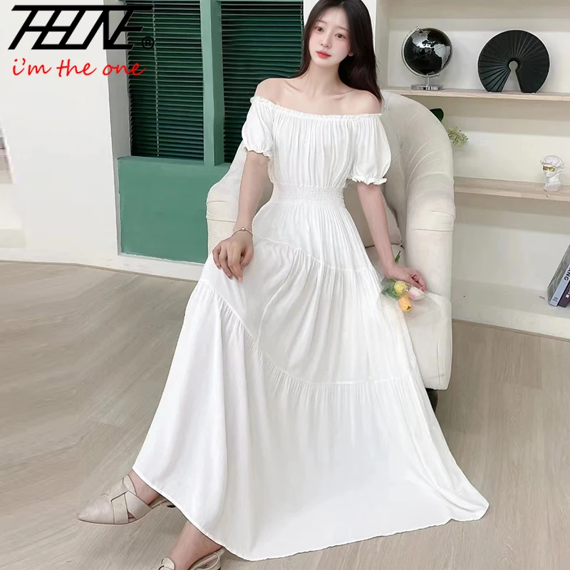 THHONE Vestido Feminino szata sukienka kobiety lato artystyczne wakacje Off The Shoulder plaża Boho w pasie Casual długie sukienki
