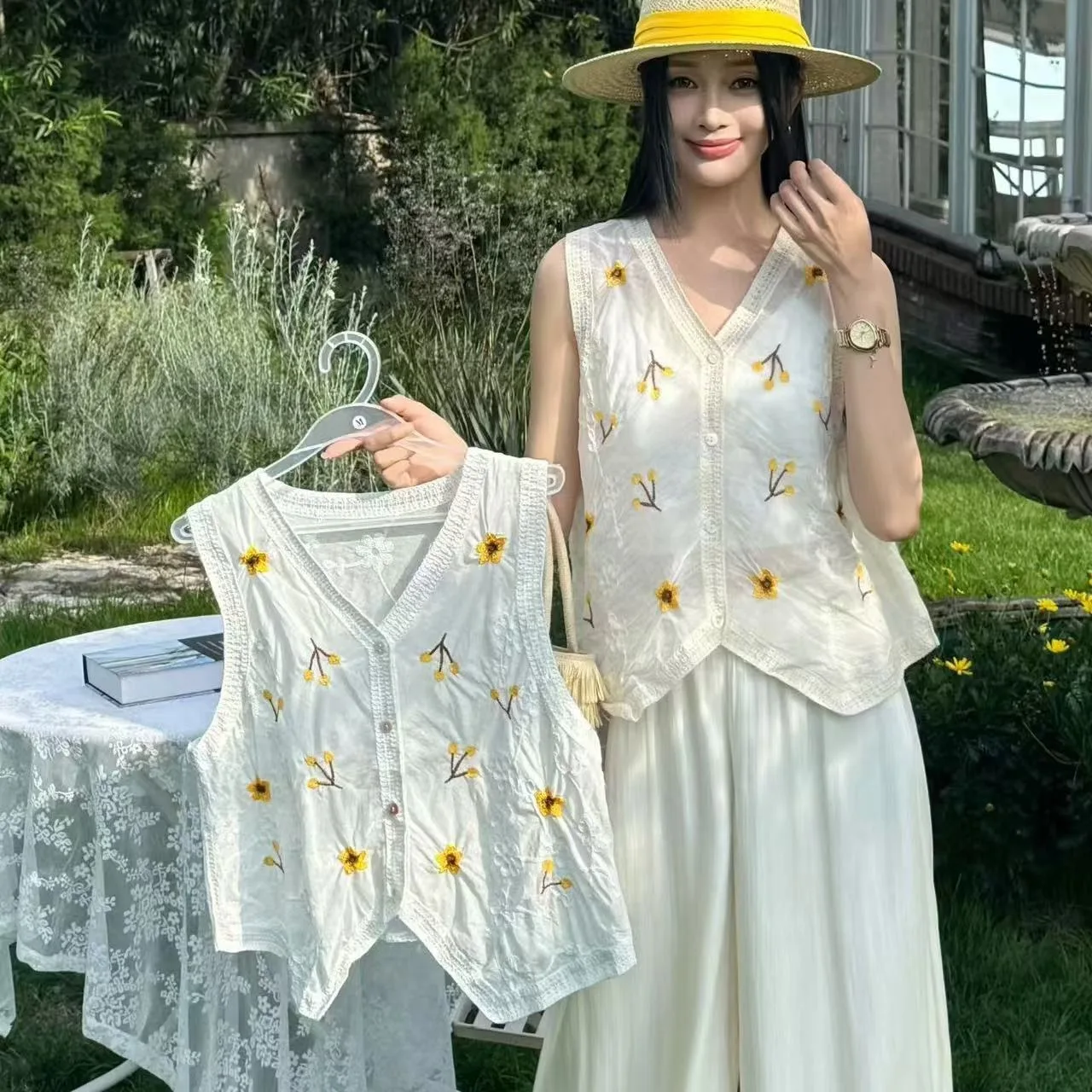 Summer 2026 Women's Embroidered Casual Fashion Artistic Style Small  Flower Open Cardigan Vest V-neck Single Button Closure