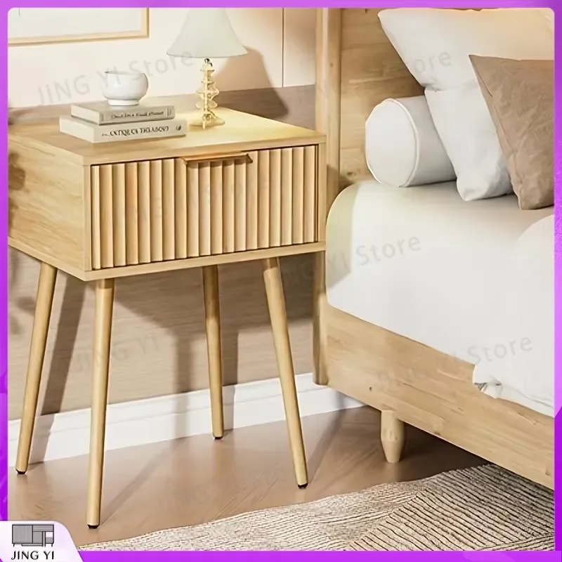 1 Drawer Bedroom Nightstand Tall Legs Slatted Particleboard MDF Bedside Table Melamine Vacuum Formed Finish Modern Minimalist