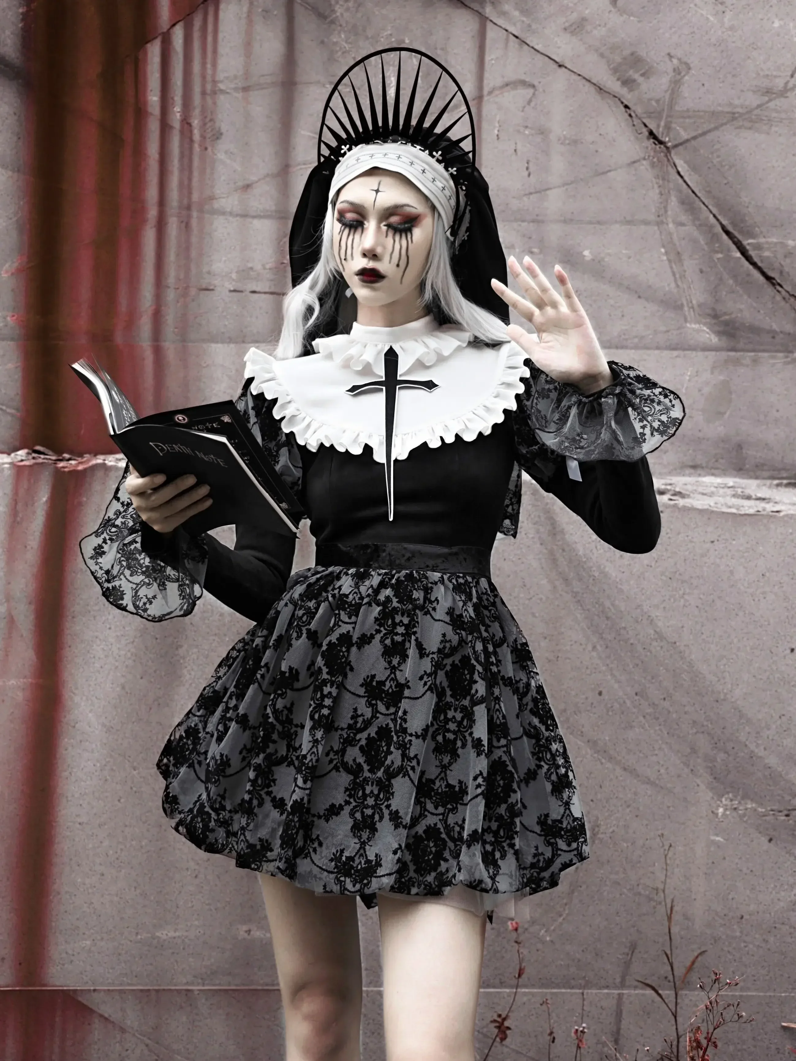 Blood Supply Original Gothic Black Cross Dress Nun Halloween Flocking Long Bubble Sleeve Mesh Rose Mini Dress Autumn Spring