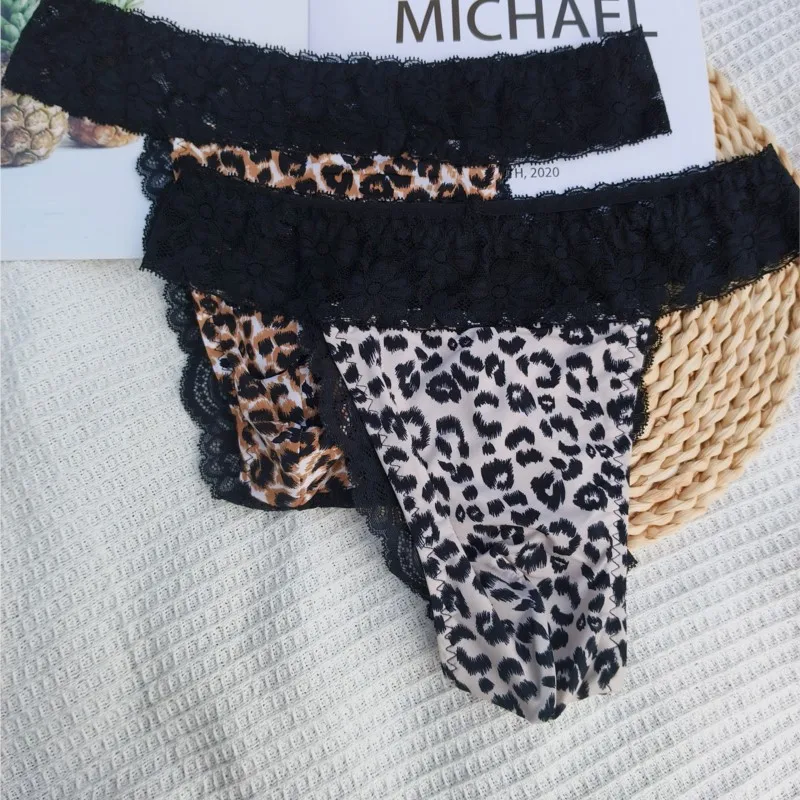 Man's Leopard Print Sexy Thong Ice Silk Lace Splicing Slightly Transparent Half Pack Men's G-string LBGQT Underwear