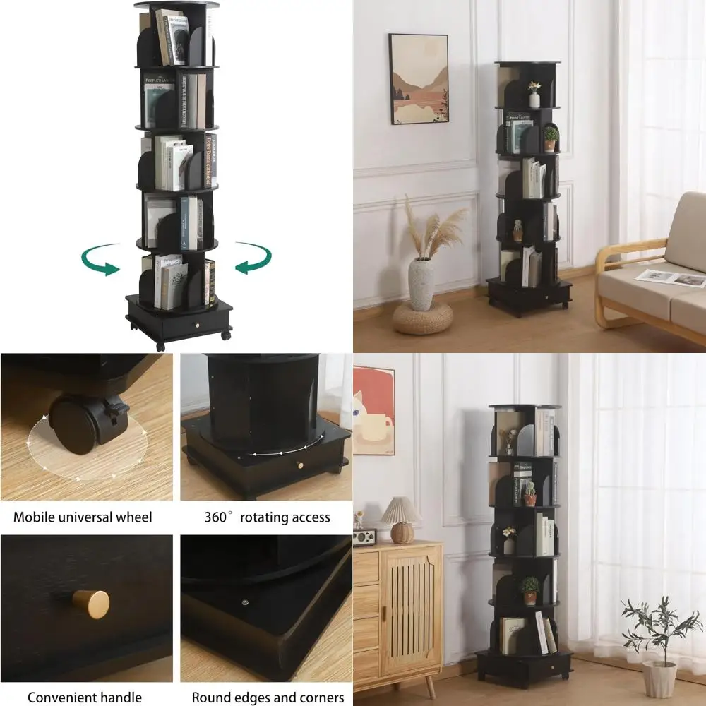 Libreria girevole in legno massello a 360 gradi con cassetti e ruote, libreria girevole per esposizione e conservazione di libri