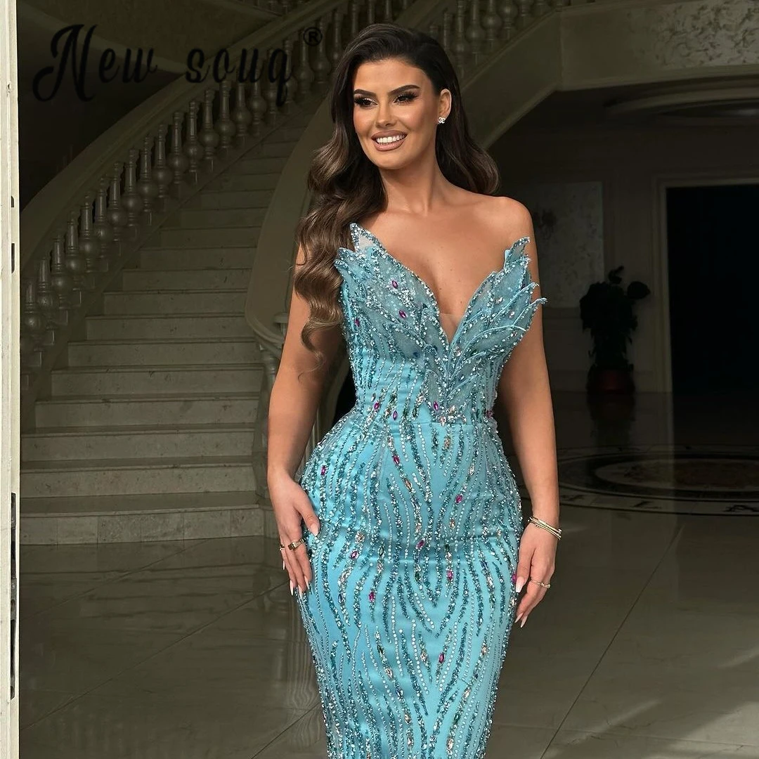 High Quality Sleeveless Blue Mermaid Cocktail Dress 3D Leaf-shaped Wedding Events Gowns Deep V Neck Formal Celebrity Dresses