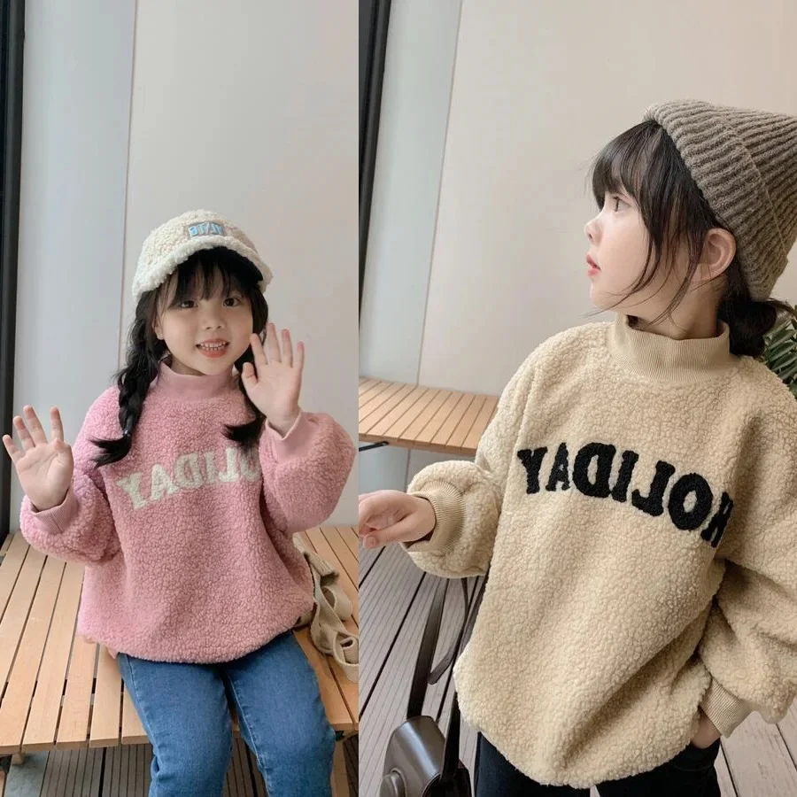 Baby Girls Winter Sweet Alphabet Turtleneck Warmth Fleece Sweatshirt Child Pullover Jumper Kids Track Coat Tops 2-8 Yr