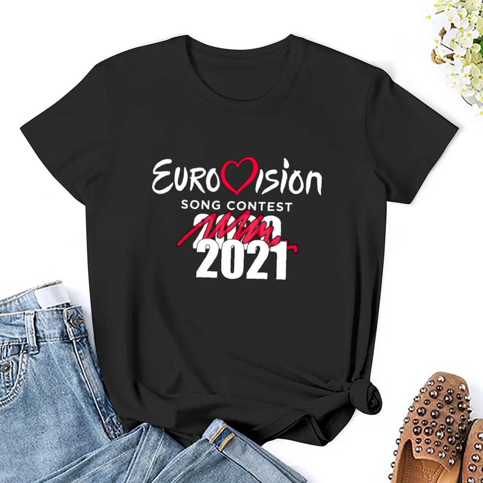 Konkurs piosenki Eurowizji 2020 odwołany 2021-śmieszna koszulka ESC ubrania vintage zabawnej estetycznej odzieży bawełniane koszulki damskie