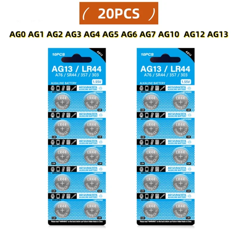 Botão Coin Cell Alkaline Battery, Baterias para Relógio, Calculadora, Carro, Chave, Relógio, Remoto, AG13, AG0, AG1, AG3, AG4, AG7, AG10, 1.55V