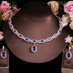 ANGELCZ Fashion Women Clothing Jewelry Set Inlay Oval AAA Cubic Zircon Colorful Stone Prom Earrings Necklace Set AJ140