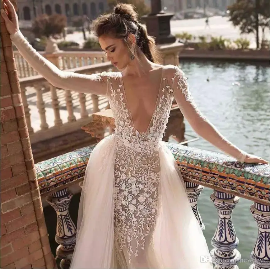 Nàng Tiên Cá Váy Áo Cổ V Sâu Overskirt Tay Dài Hở Lưng Cô Dâu VÁY BẦU REN Appliqued Voan Plus Kích Thước Vestidos De Novia