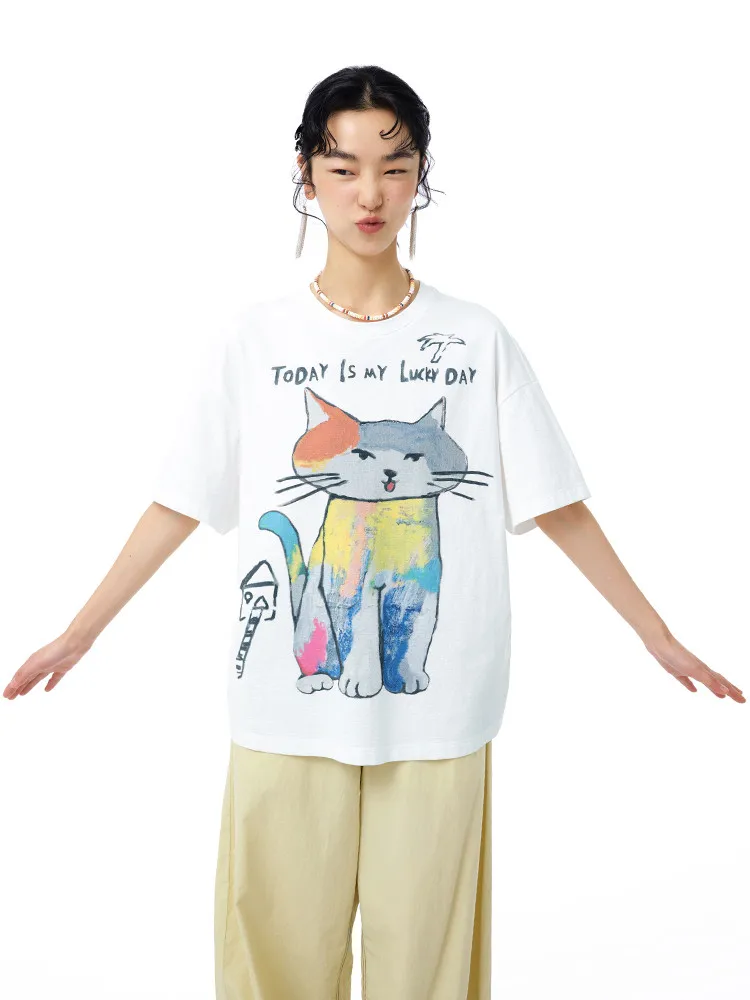 

Футболка MOVEUP с коротким рукавом и круглым вырезом, летняя новинка 2026, с мультяшным принтом кошки, свободный крой, повседневный топ для женщин 325210564