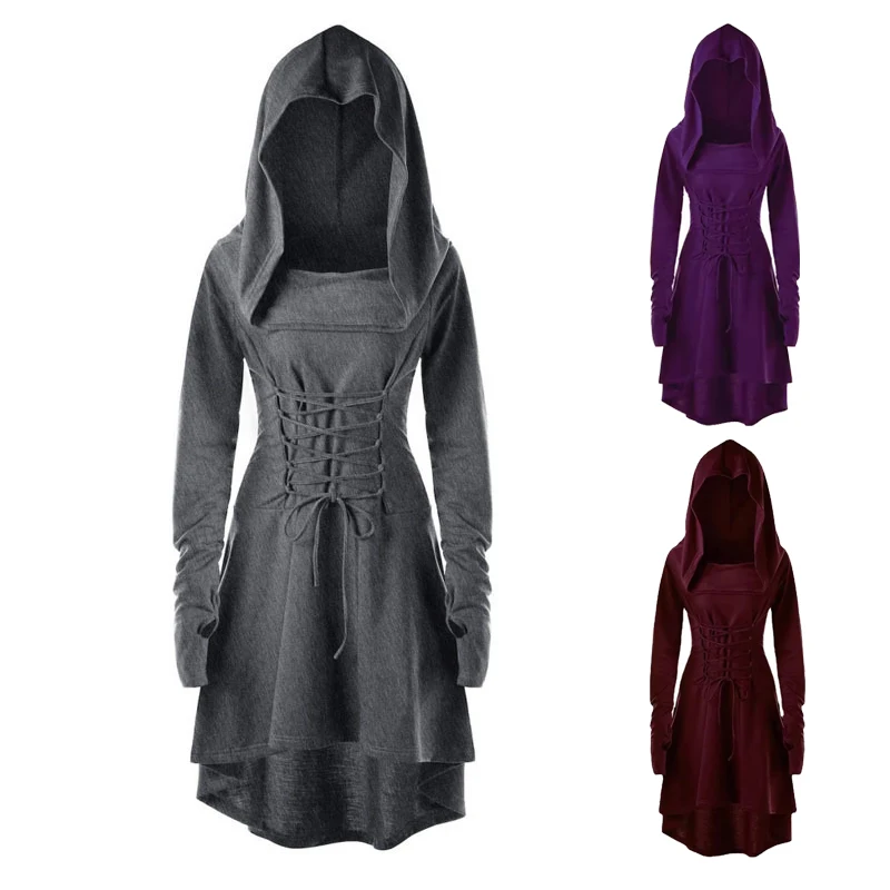 

Medieval Ladies Solid Color Cosplay Cape Costume Festival Dress Long Sleeve Hooded Strap-on Dress