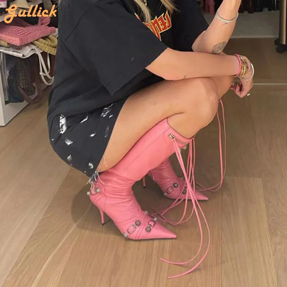 

Pointed Toe High Heels Boots Women Knee High Boots Rivet Metal Zip Motorcycle Boots 2025 New Fashion Woman Stiletto Boots