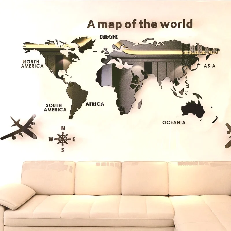 

Nordic Style 3D World Map Wall Sticker Acrylic Solid Color Bedroom Wall With Living Room Classroom Stickers Office Decoration