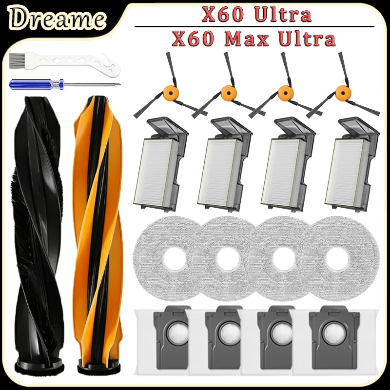 For Dreame X60 Max Ultra Complete/X60 Ultra Robot Vacuum Accessories Main Side Brush Filter Mop Pad Dust Bags Replacement Parts