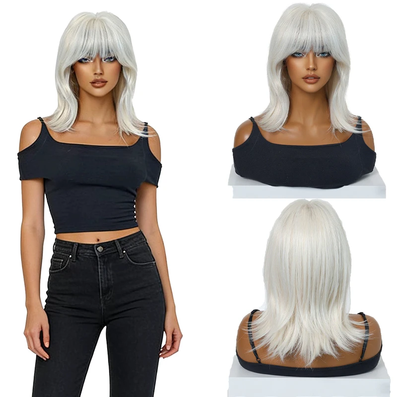 Platinum White Medium Length Wig with Bangs Wavy Full Head Heat Resistant Synthetic Wig for Daily Wear Party Cosplay Halloween
