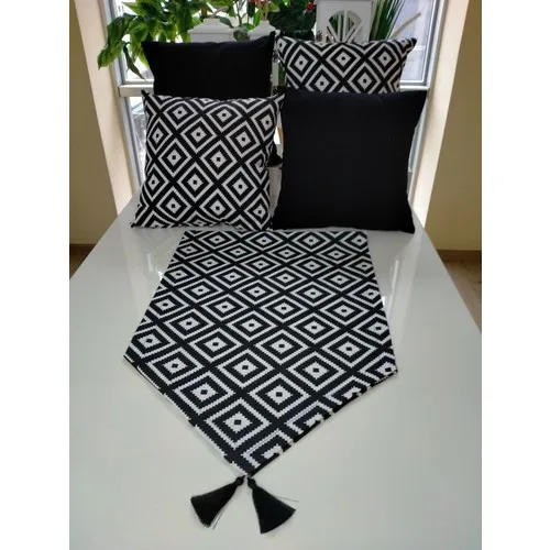 Rose Queen Black White Geometric Shape Pattern Runner and 4 Pcs Pillow decorate Case