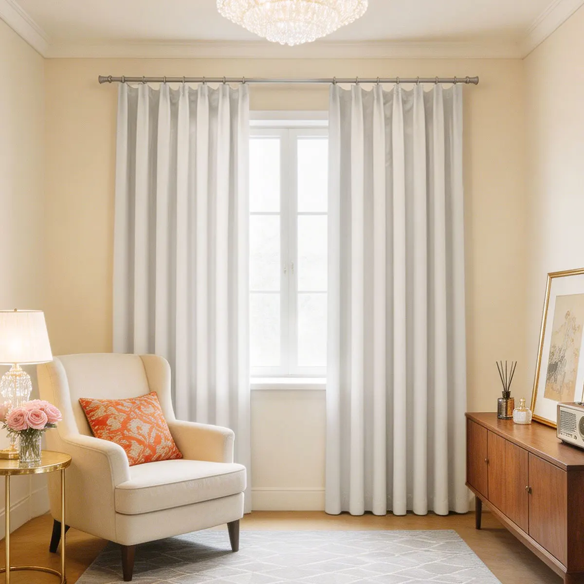 Cream High Precision Polyester Blackout Curtain, Matte Pinch Pleat Drape for Nordic Minimalist Home Window Decor