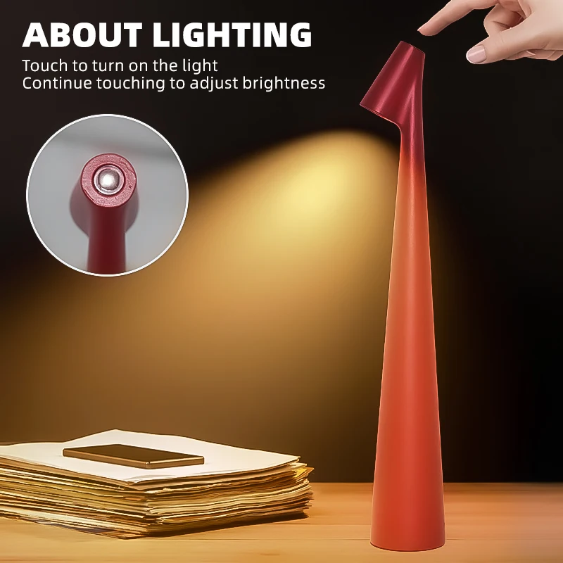 Minimalist Rechargeable led Cordless Elegant Slim Conical Stem Portable Table Lamp Touch