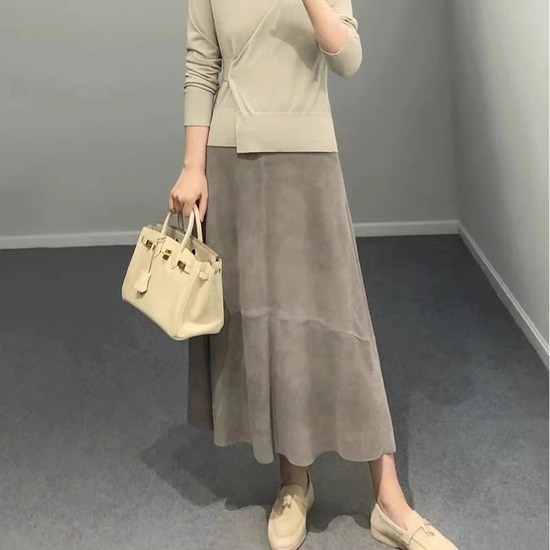 Purple/Gray Leather Skirts for Women Autumn High Waist Sheepskin Suede Simple Slim Show Tall Big Hem Umbrella Skirt Falda Larga