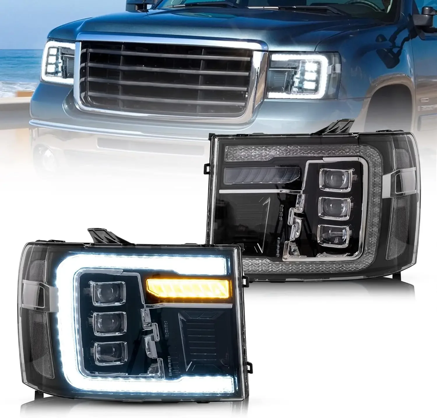 Projector LED Headlights Compatible with GMC Sierra 1500 2500HD 3500HD SLE 2007-2013 w/Dynamic Animation w/Sequential Turn