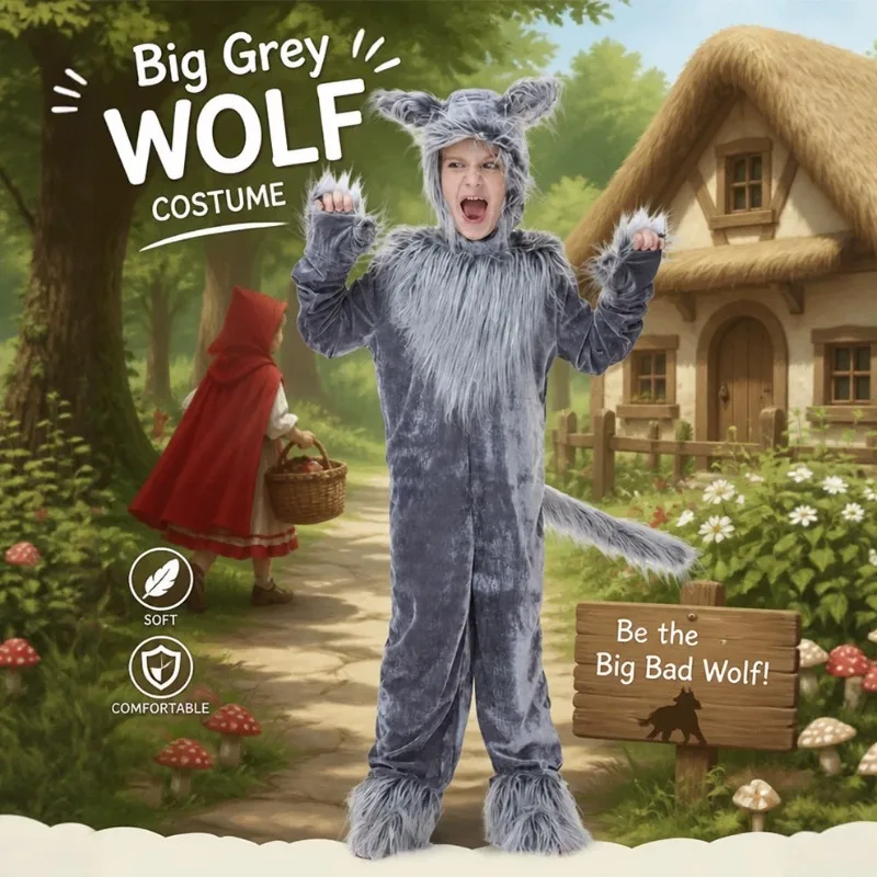 Disfraz de Lobo Gris para Niños, Mono con Capucha y Orejas, Cola, Disfraz de Animal para Halloween, Cosplay