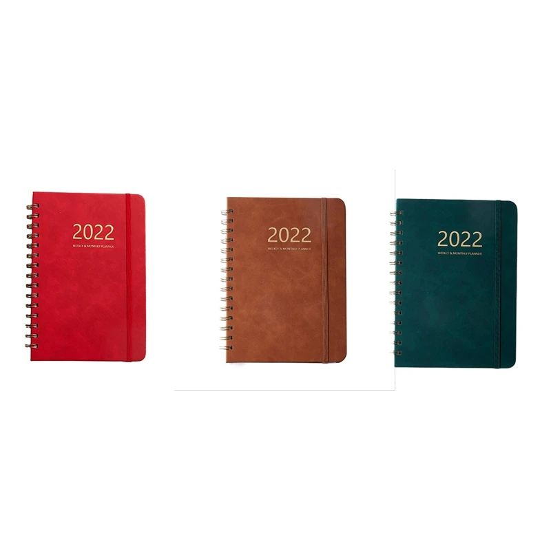 PU couro agenda notebook, livro plano semanal, inglês completo, elástico, 2022