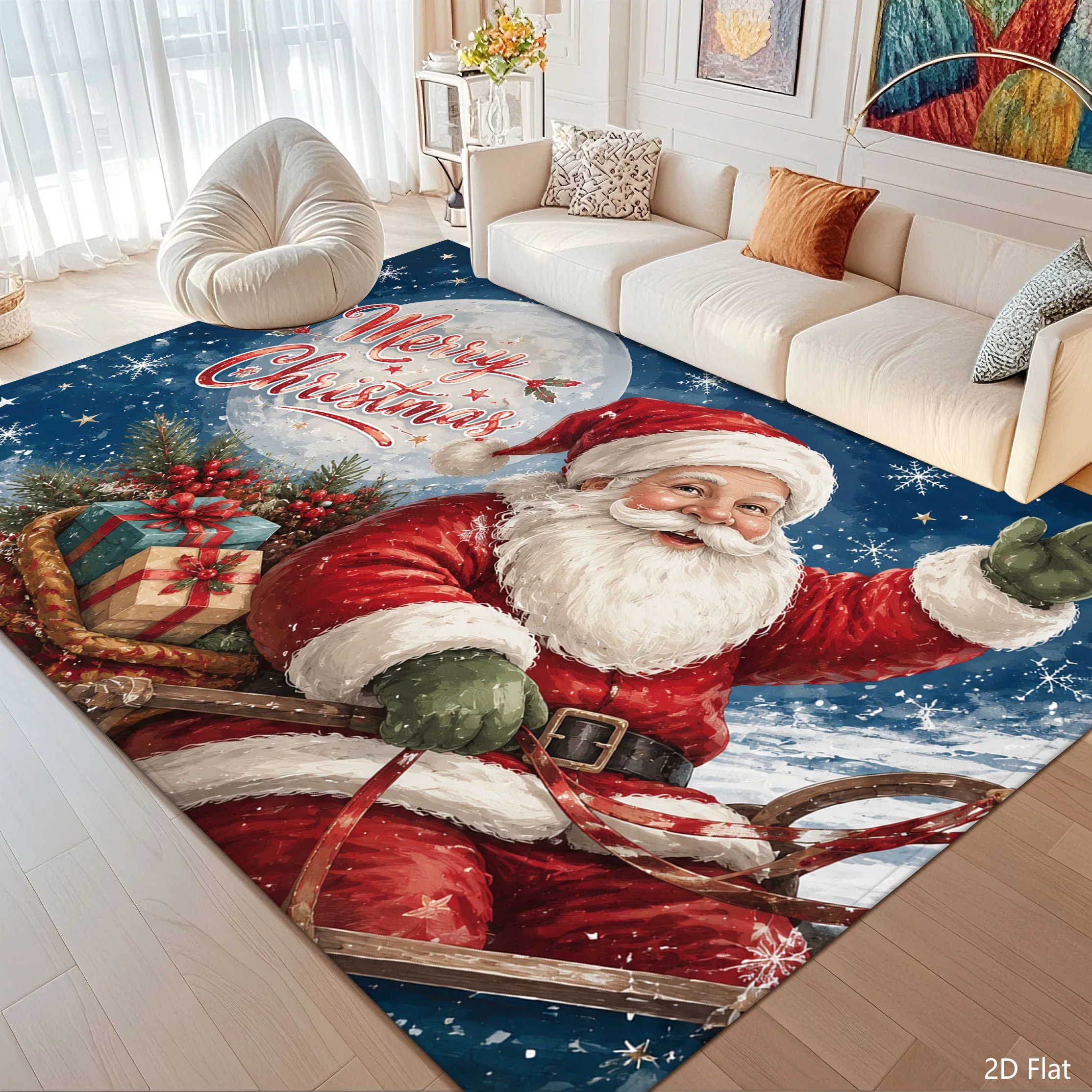 1pc 2D Flat Santa Claus Sleigh Gift Merry Christmas Printed Floor Mat, Decorative Rug for Living Room, Bedroom, Home