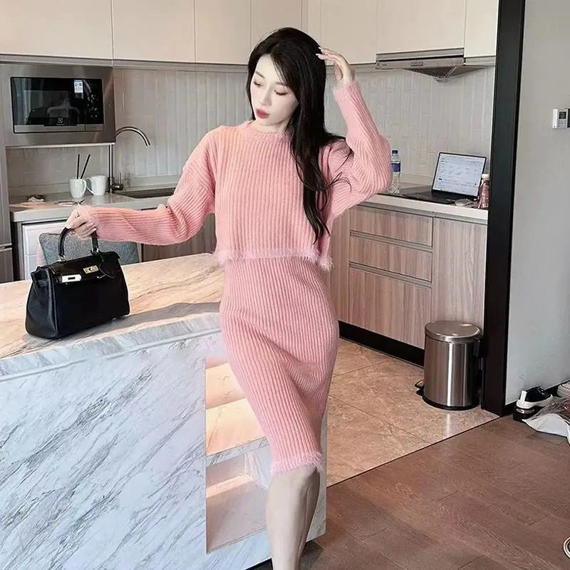 

Осень/зима, новый дизайн, свободный вязаный однотонный свитер с длинными рукавами и круглым вырезом + юбка, женский модный комплект из 2 предметов