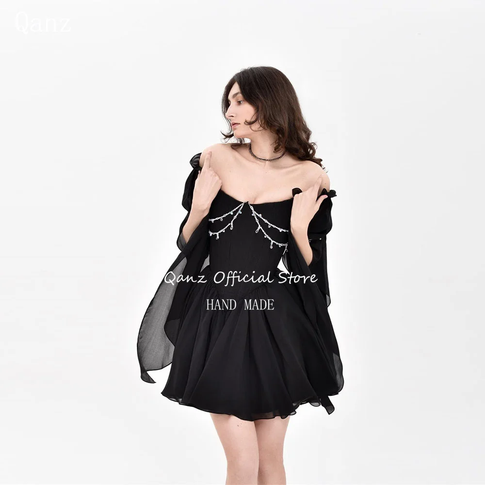Qanz Black Chiffon Mini Prom Dresses Off The Shoulder Short A Line Vestidos De Festa Lace Up Back Robe Cocktail Femme Customized