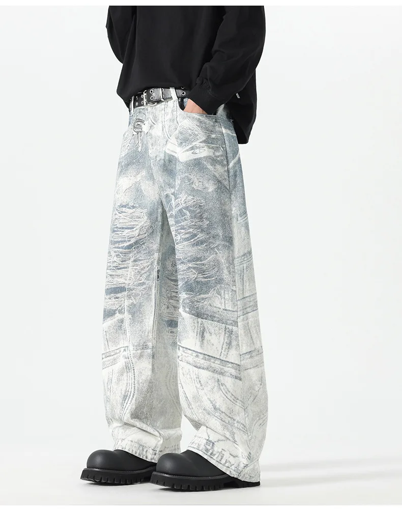 2026 Fashion Men‘s Women's 3D Chain Printed Contrast Color Jeans Niche Design High Waist Casual Denim Pants Female Trendy  Male