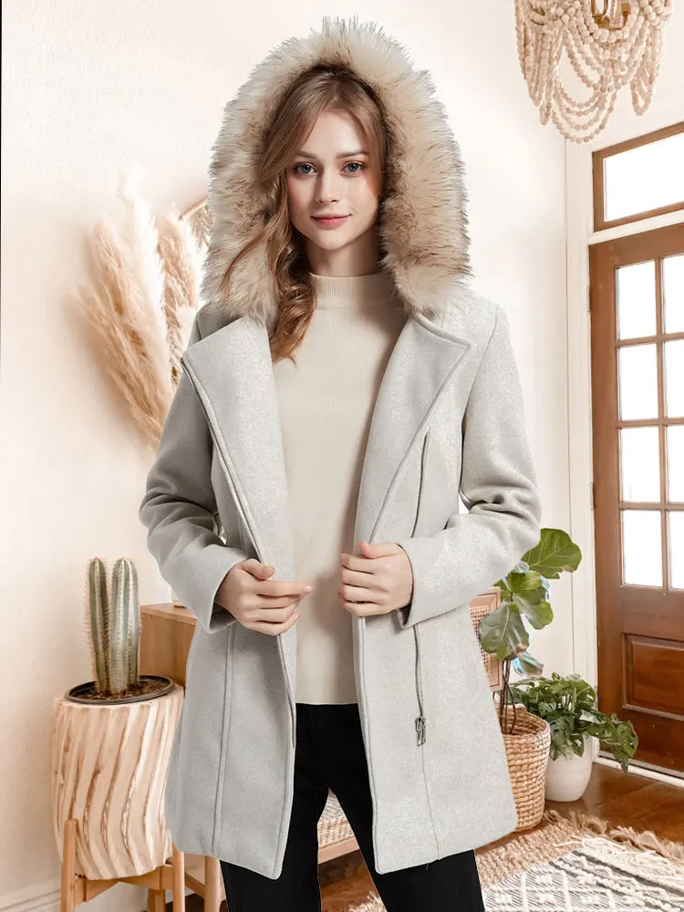 Giolshon Wool Fleece Coat Women Elegant Casual Long Winter Trench Coat With Detachable Fur Collar Female Jacket Overcoat