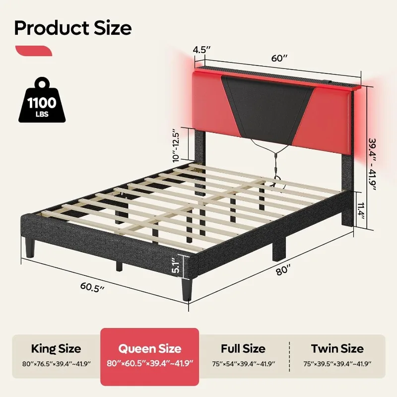 Queen Bed Frame with Headboard and LED Light, Faux Leather Upholstered Platform Bed with Storage Shelf, No Box Spring(Black-Red)