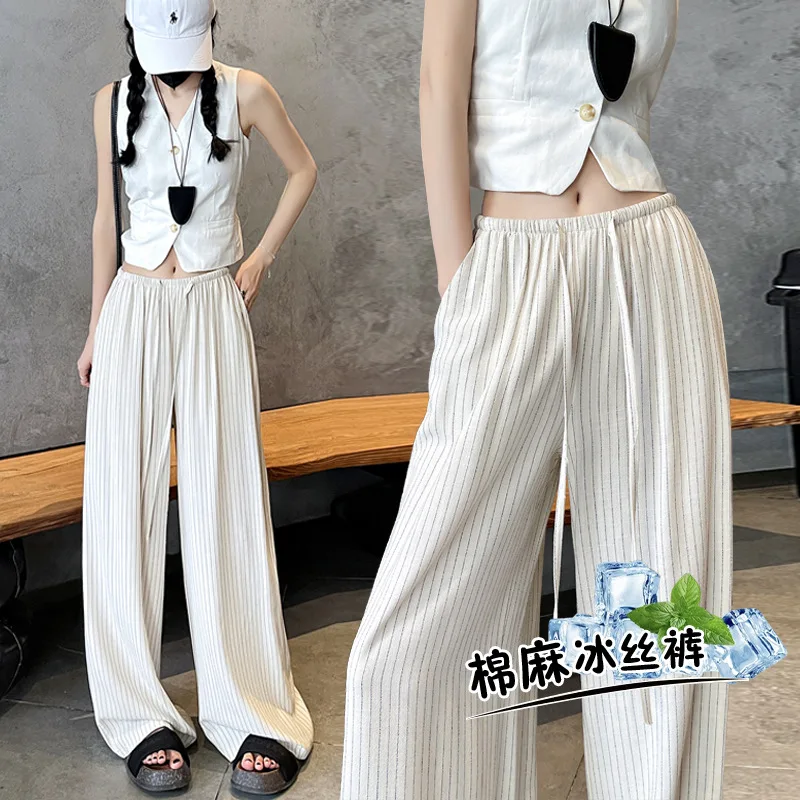 

2025 Summer New Ice Silk Linen Pants Women's Wide-leg Pants
