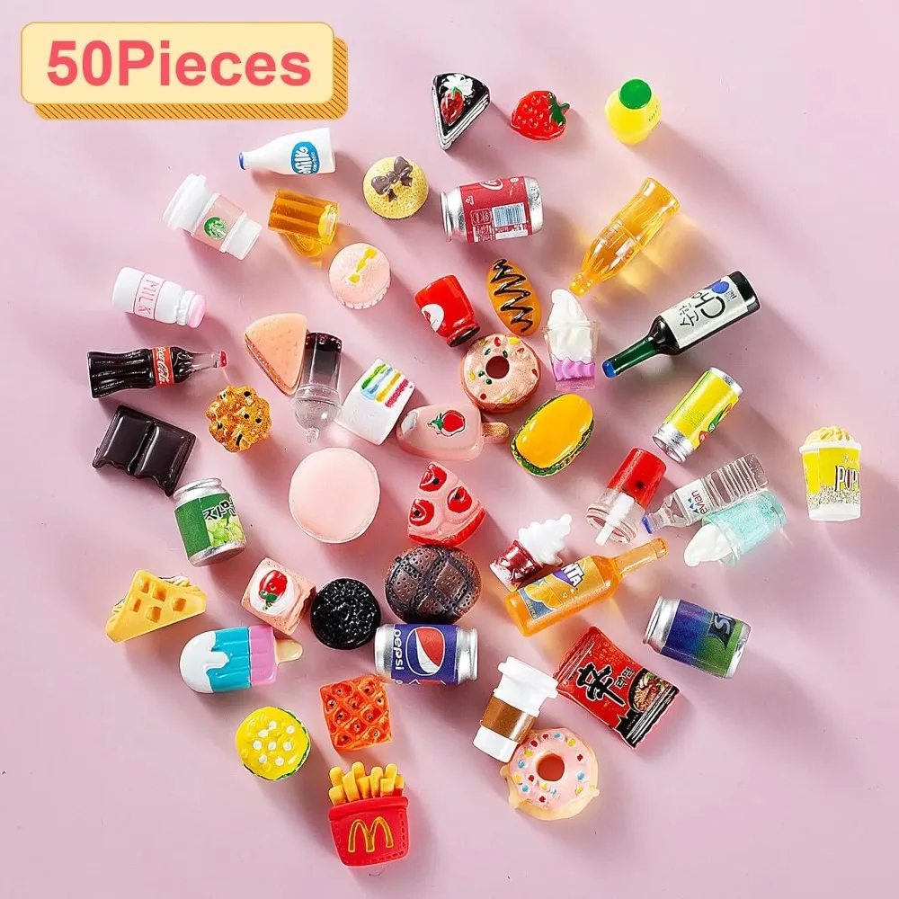 50Pcs Miniature Food Drink Bottles Soda Pop Cans Pretend Play Kitchen Game Party Accessories Toys Cake Ice Cream for Doll House