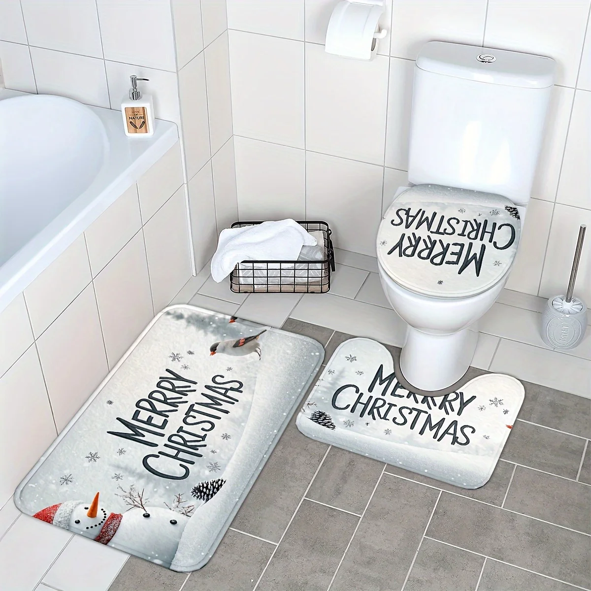 

3pc Christmas Snowman Bathroom Set - Non-slip, Machine Washable, U-Shaped Mat, Non-slip Mat, Toilet Seat Mat for Bathroom