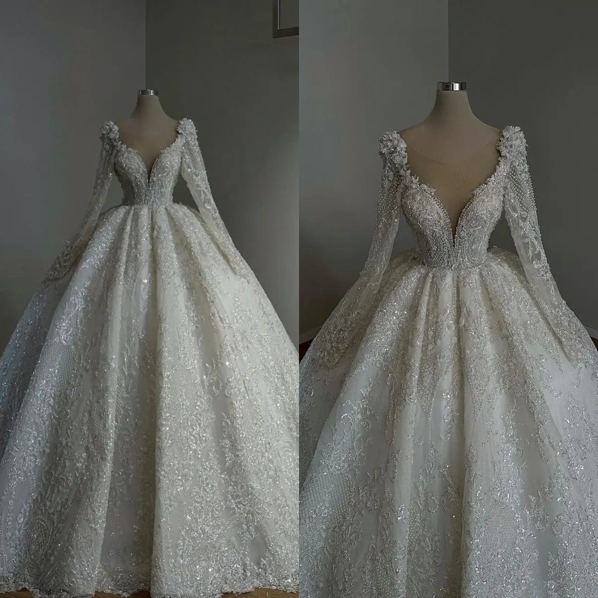 

Vintage Ball Gown Wedding Dress Sheer Neck Long Sleeves Bridal Gown Sequins Pearls Sweep Train Dresses Custom Made