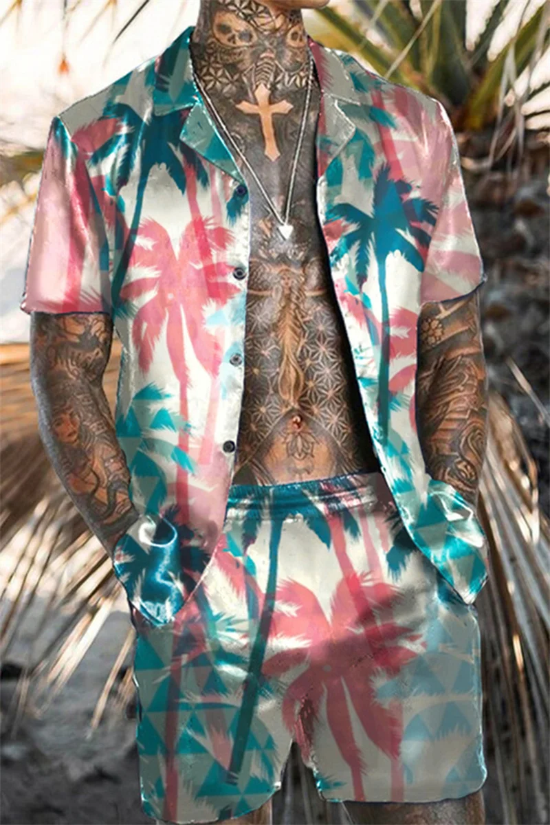 Hawaiian coconut print shirt set summer beach casual quick drying two-piece set men's loose outdoor top set fashionable clothing