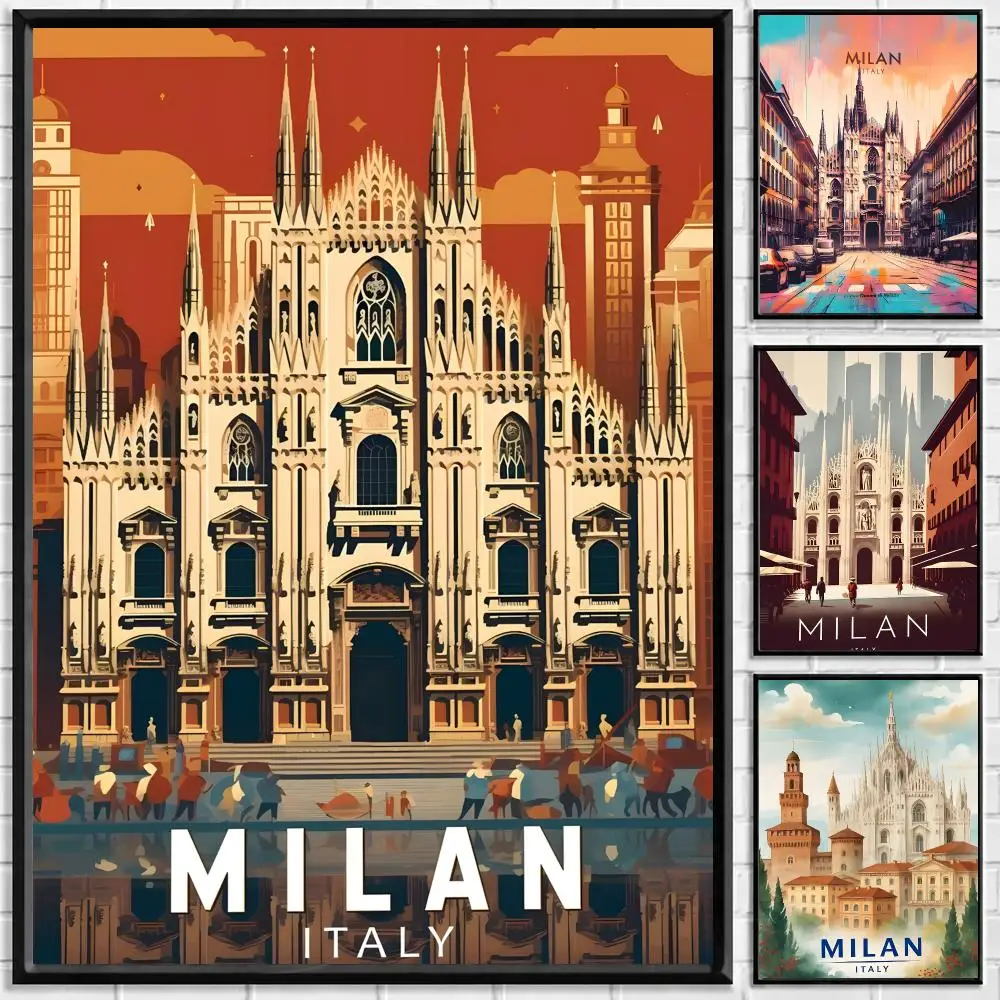 Landmark Milan Cathedral Poster Self Adhesive Waterproof PP Poster Coffee Shop Bar Wall Sticker Home Room Decor Wall Art